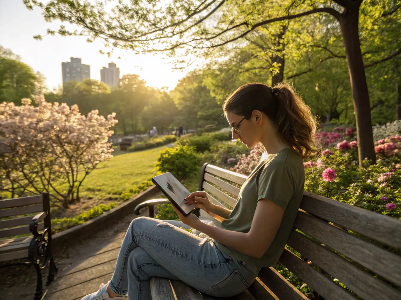 An image depicting a person reading a health article on a tablet while sitting in a park, emphasizing the accessibility of health information.