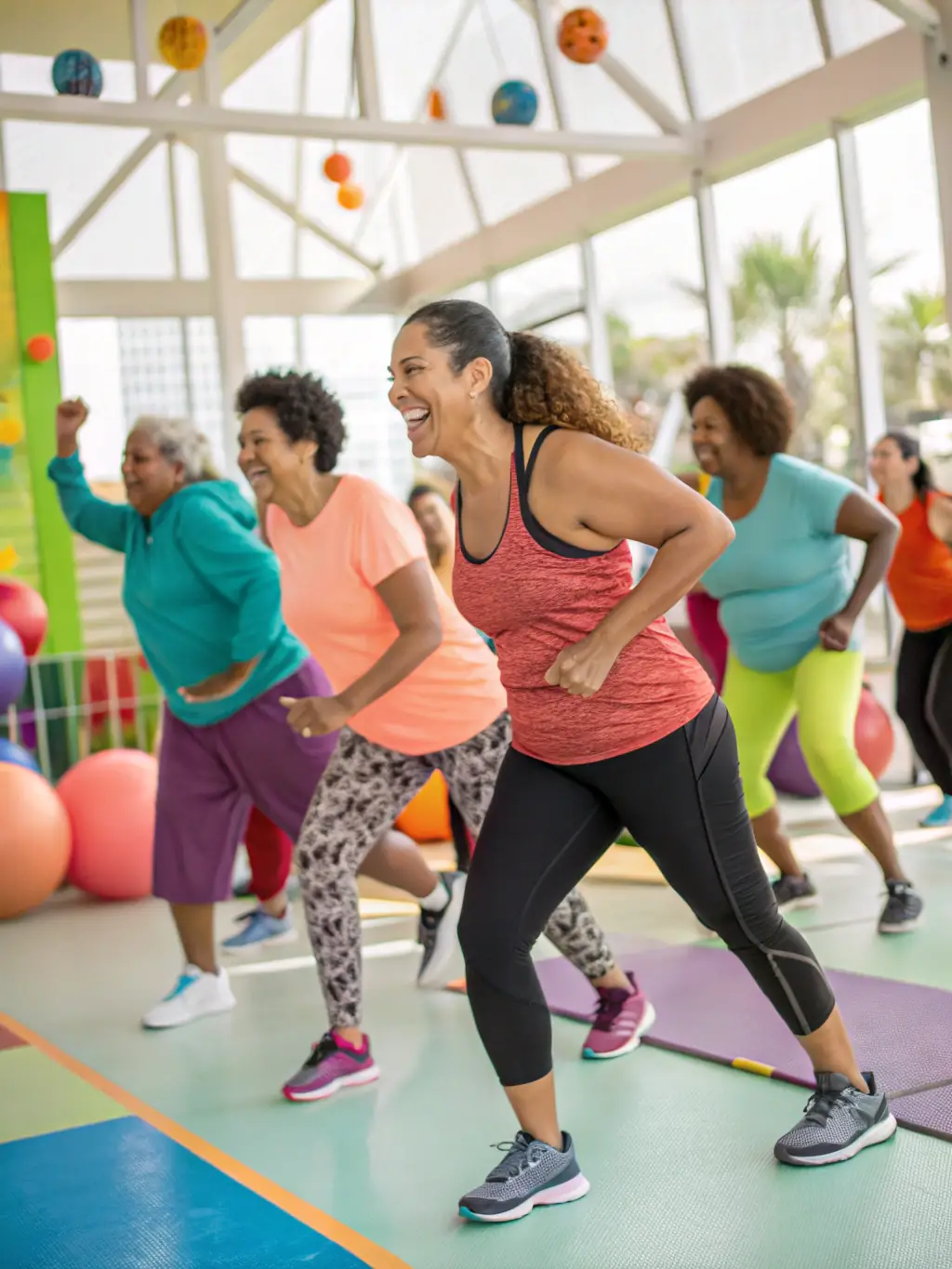 A vibrant image showcasing a group of diverse individuals participating in a group fitness class, smiling and engaged, set against a bright, modern gym backdrop. This represents the community aspect of the weight management program.