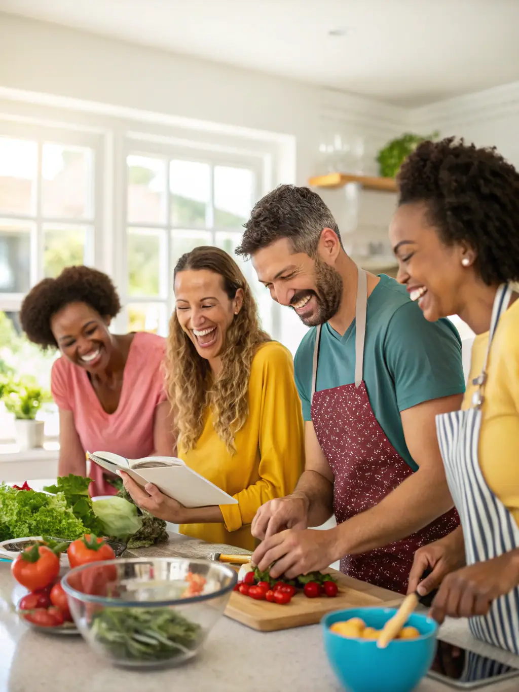 A diverse group of people participating in a virtual cooking class, showcasing the Nutrition & Wellness Program.