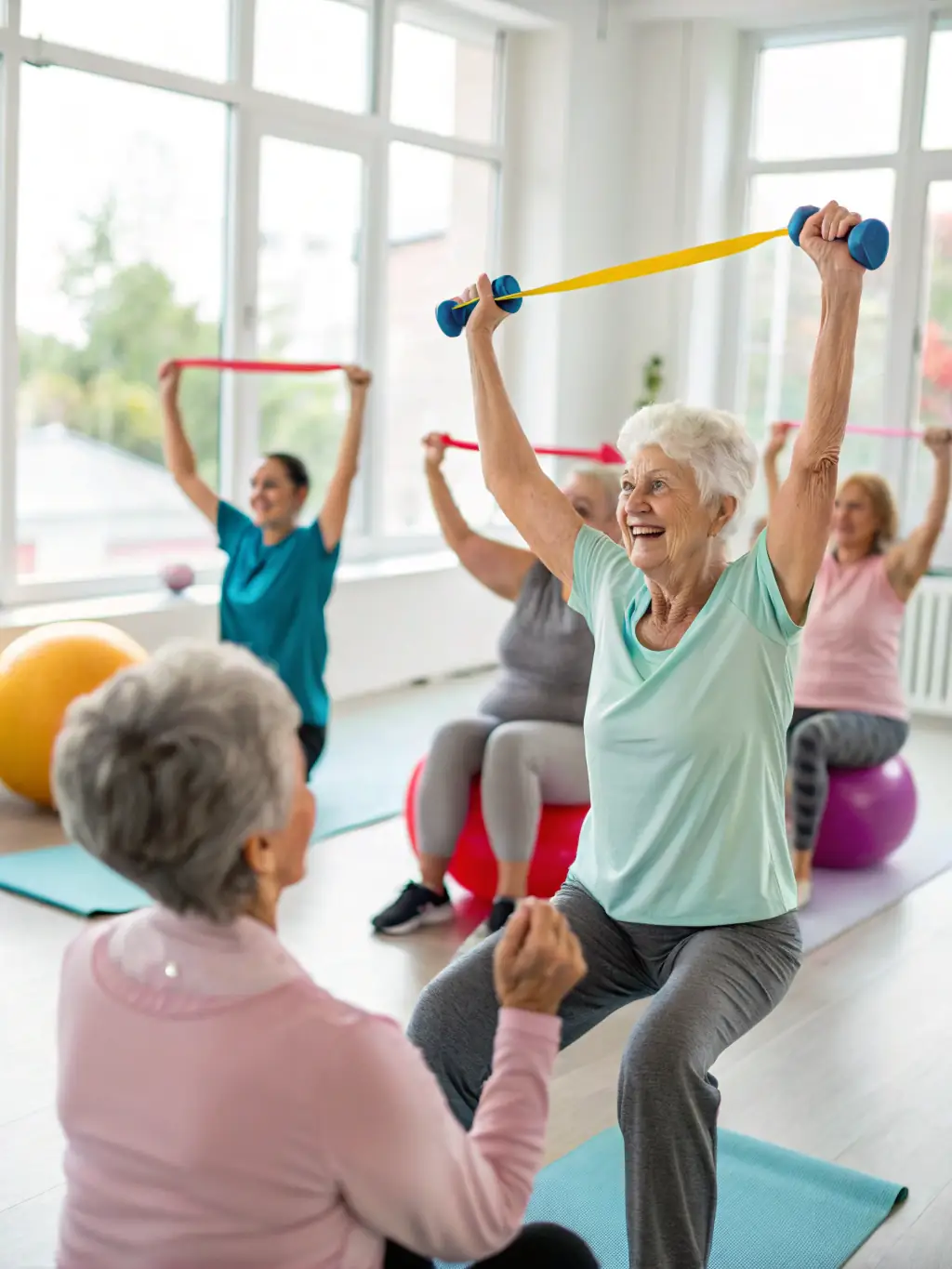 An image of a senior adult happily participating in a low-impact exercise class, such as yoga or tai chi, with a supportive instructor guiding them. This represents the accessibility and benefits of the senior fitness program.