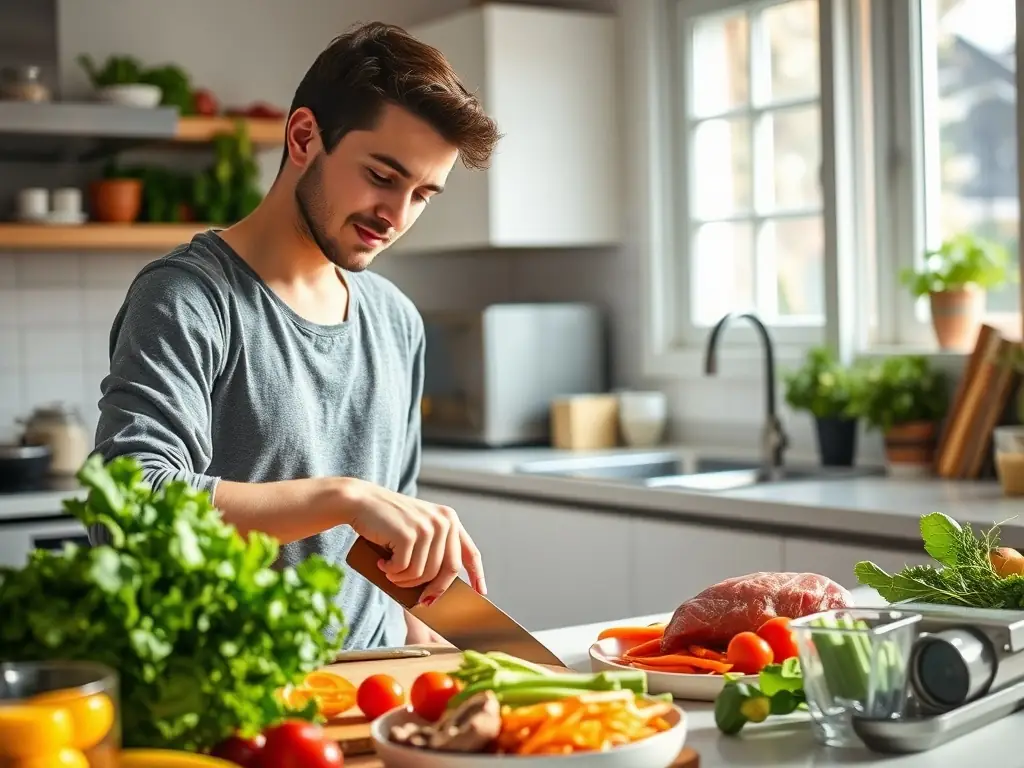 An image showing a person preparing a healthy meal in a bright, modern kitchen, emphasizing fresh ingredients and mindful eating habits.
