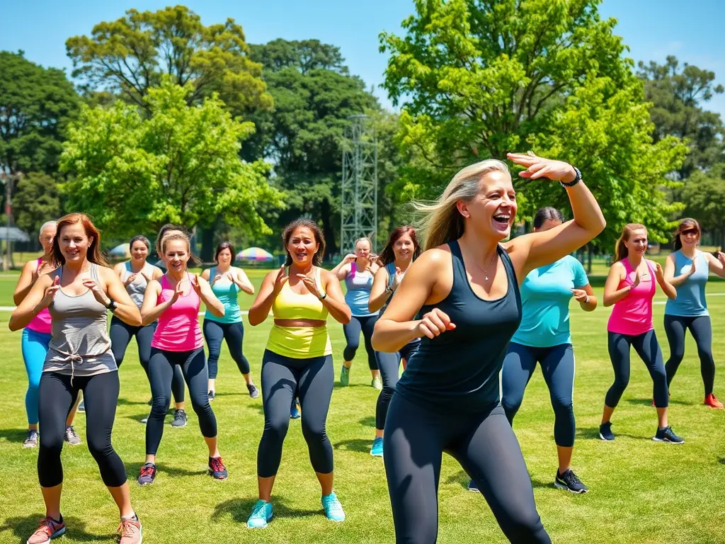 A vibrant image depicting a diverse group of people participating in a group fitness class outdoors, symbolizing community and active lifestyles, set against a backdrop of a sunny park.