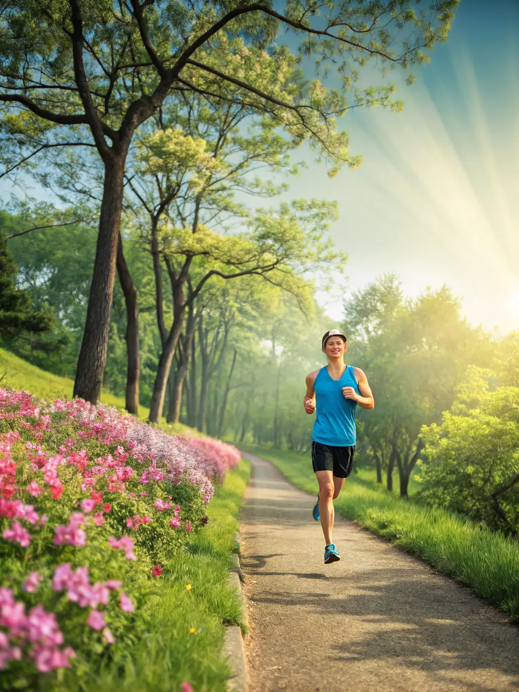 A person happily using a fitness tracker while jogging in a park, representing the Active Lifestyle Program.