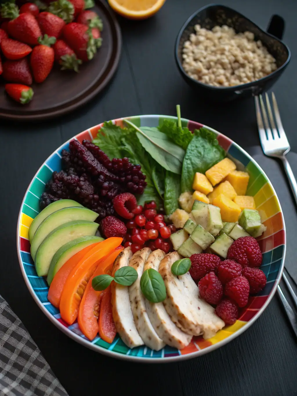 A close-up shot of a colorful and nutritious meal, featuring fresh fruits, vegetables, and lean protein, arranged artfully on a plate. This represents the dietary guidance provided in the nutrition coaching program.