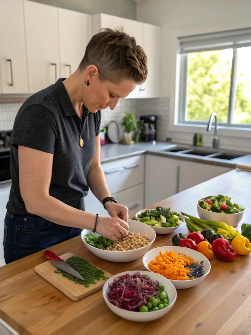 A close-up shot of a person preparing a healthy meal in their kitchen, emphasizing fresh ingredients and mindful eating, for the LifetimeDPP website.